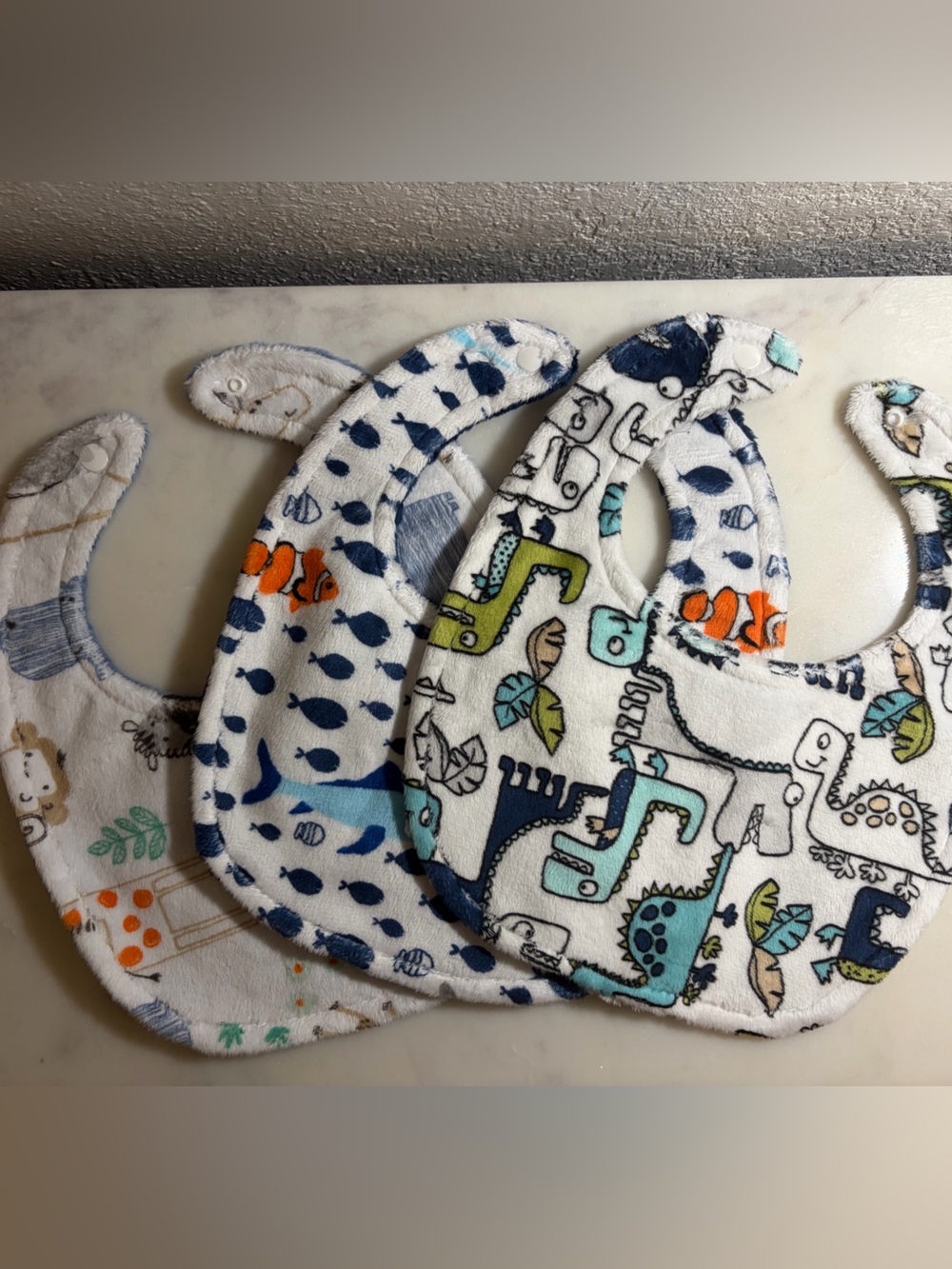 Baby Bib Set with Dino, animal & Fish Prints - 3 Pack